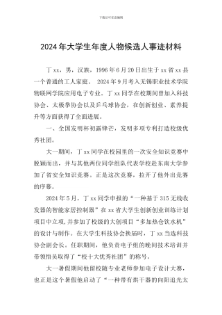 2024年大学生年度人物候选人事迹材料