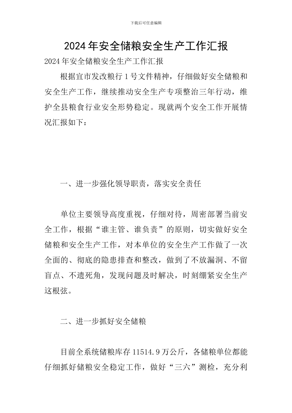 2024年安全储粮安全生产工作汇报_第1页