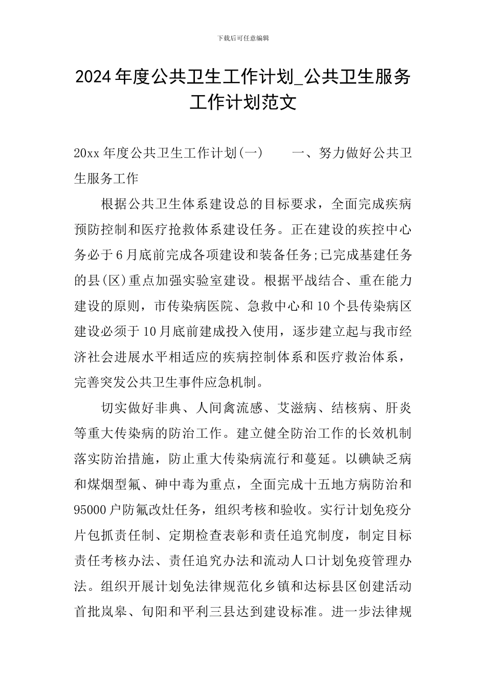 2024年度公共卫生工作计划-公共卫生服务工作计划范文_第1页