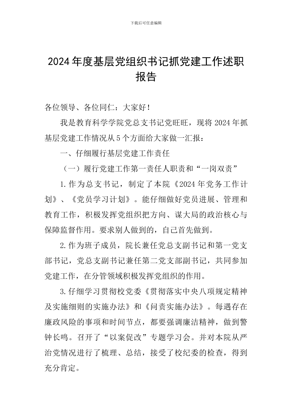 2024年度基层党组织书记抓党建工作述职报告_第1页
