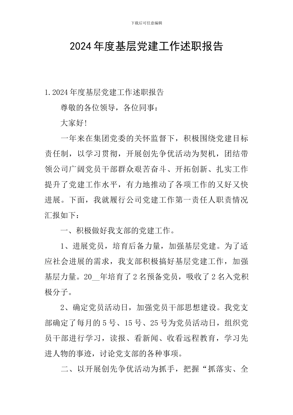 2024年度基层党建工作述职报告_第1页