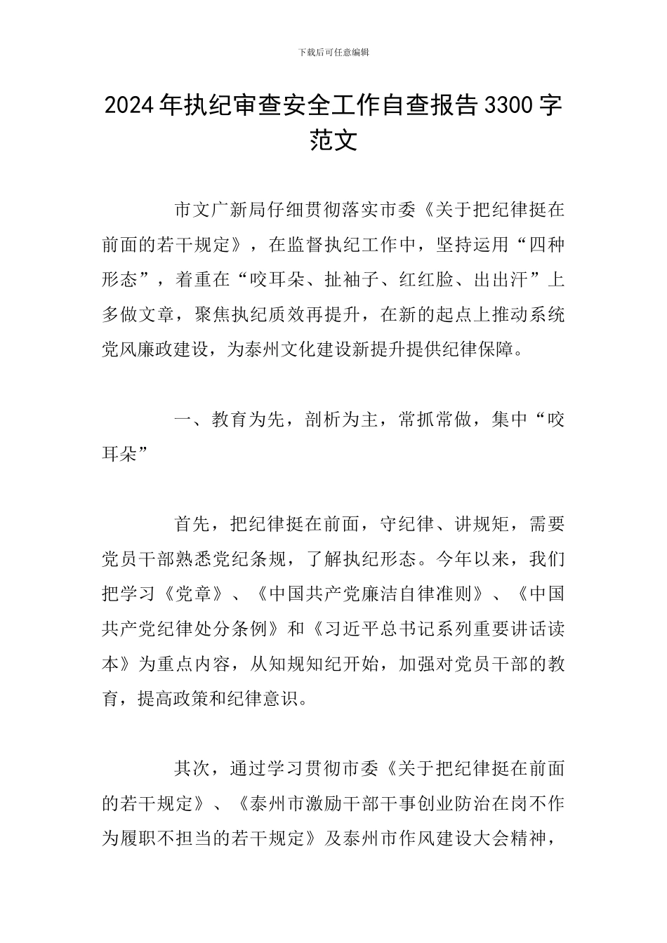 2024年执纪审查安全工作自查报告3300字范文_第1页