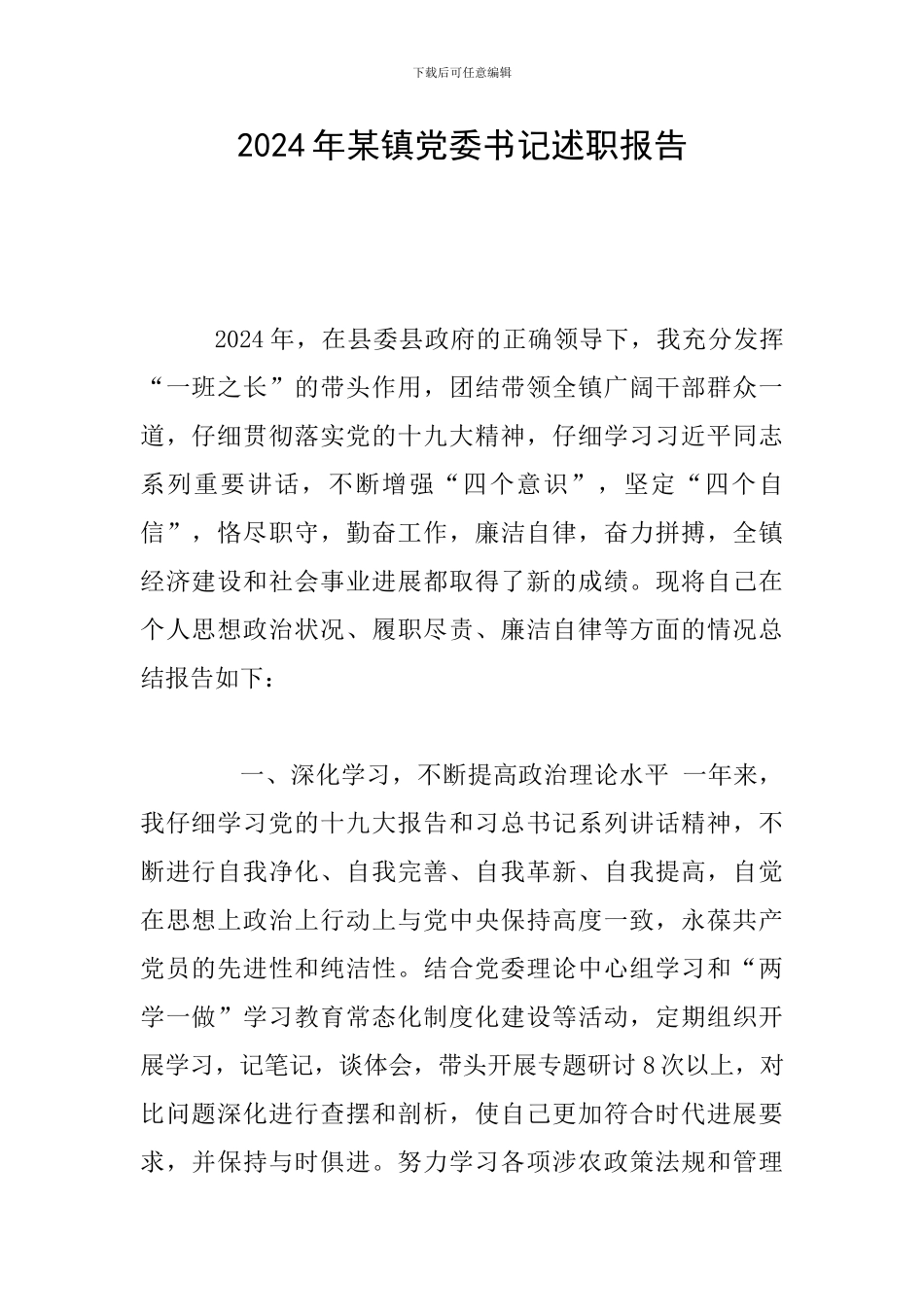 2024年某镇党委书记述职报告_第1页