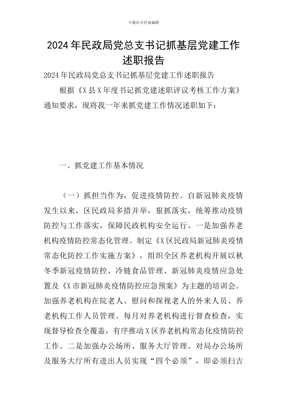 2024年民政局党总支书记抓基层党建工作述职报告_第1页