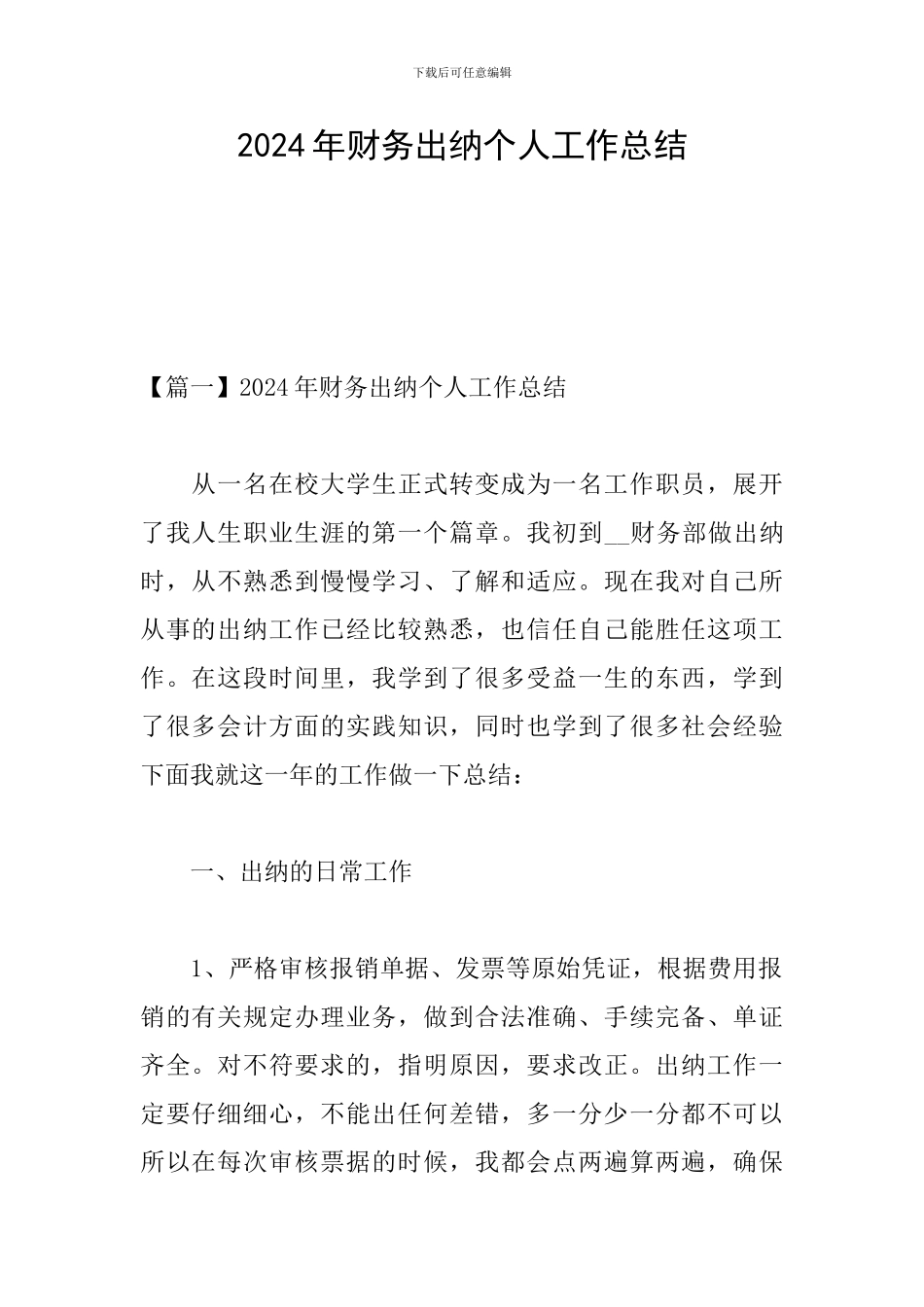 2024年财务出纳个人工作总结_第1页