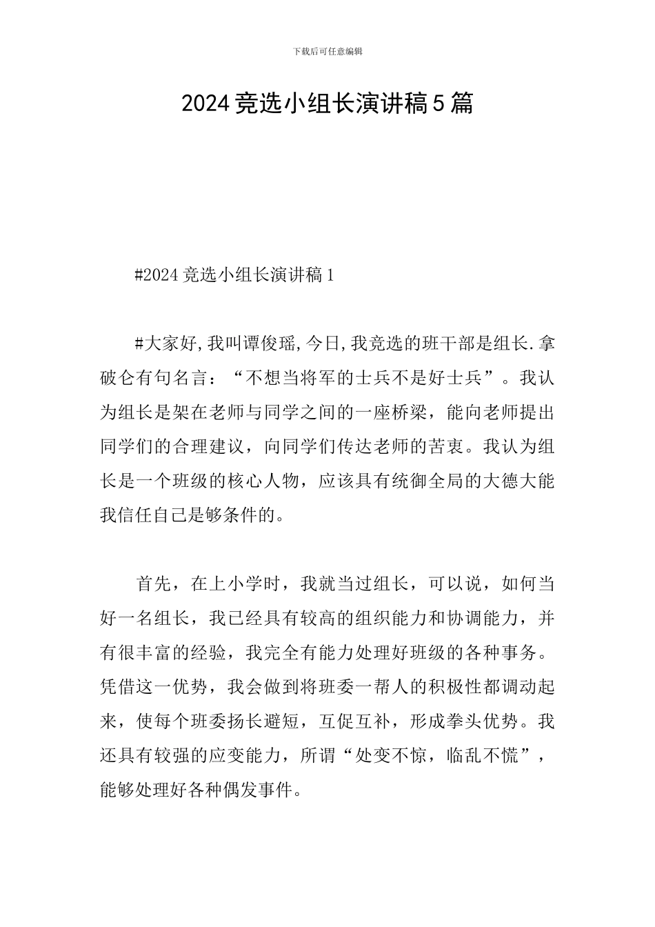 2024竞选小组长演讲稿5篇_第1页
