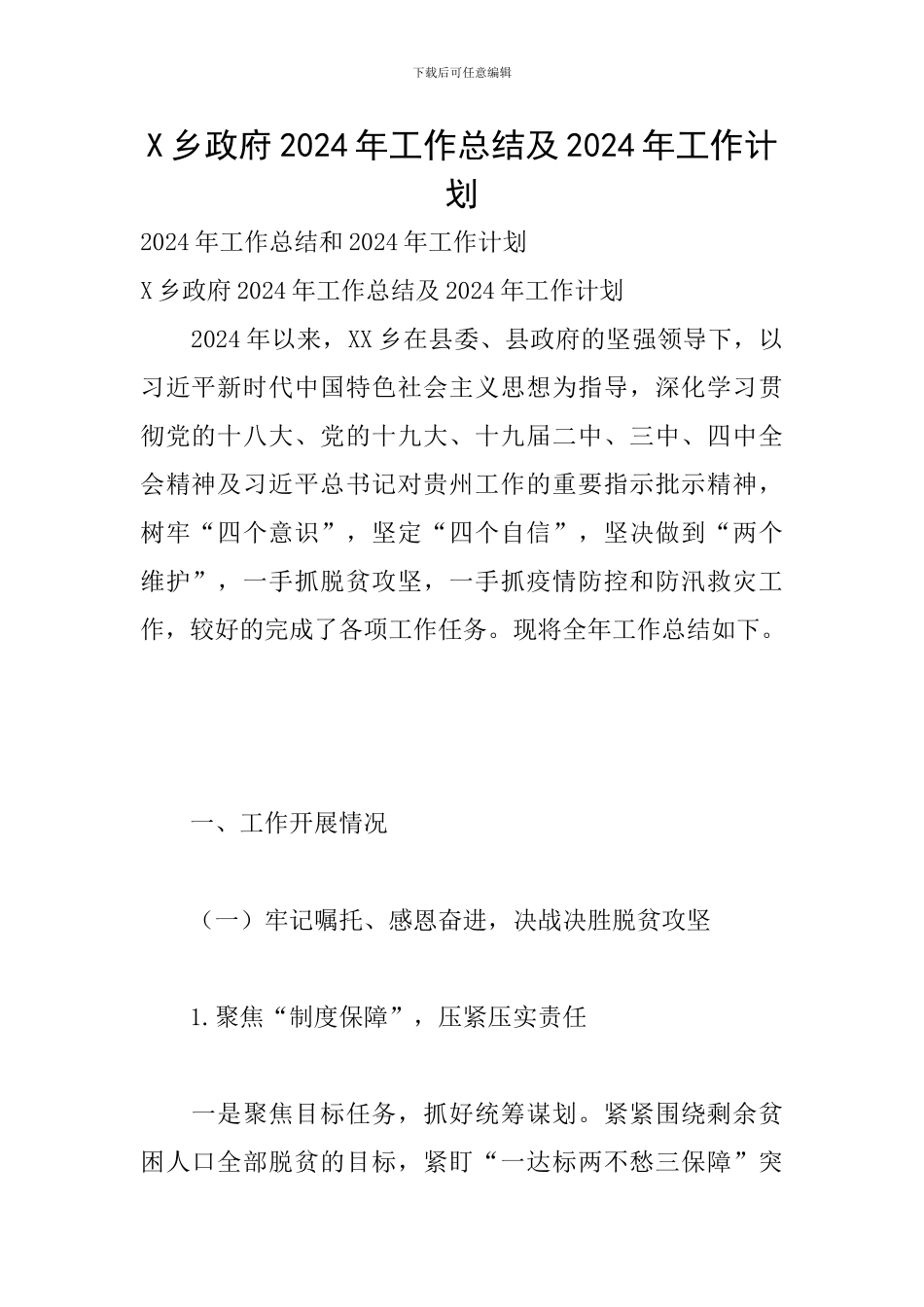 X乡政府2024年工作总结及2024年工作计划_第1页