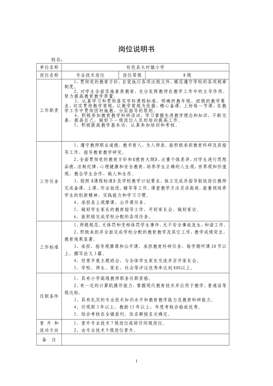 张洪镇小学专业技术岗位说明书_第1页