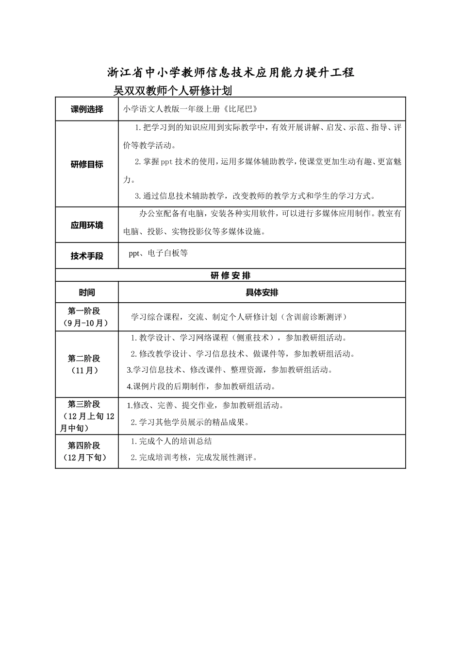 吴双双教师个人研修计划_第1页