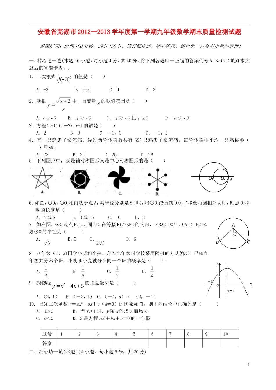 安徽省芜湖市2012-2013学年度九年级数学第一学期期末试题-新人教版_第1页