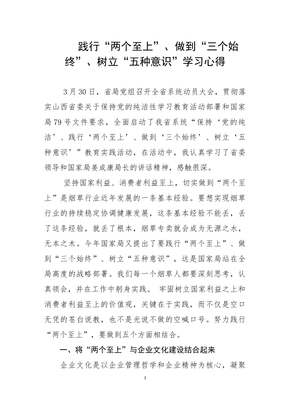 践行“两个至上”、做到“三个始终”、树立“五种意识”学习心得_第1页