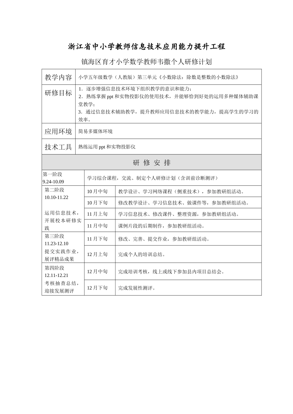 镇海区育才学校小学数学教师韦撒个人研修计划_第1页