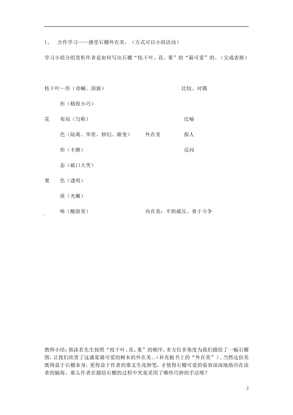 江苏省常州市西夏墅中学八年级语文下册《石榴》教案2-苏教版_第2页
