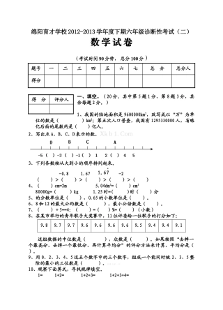 绵阳育才学校2013下期六年级诊断性考试(二)数学试卷