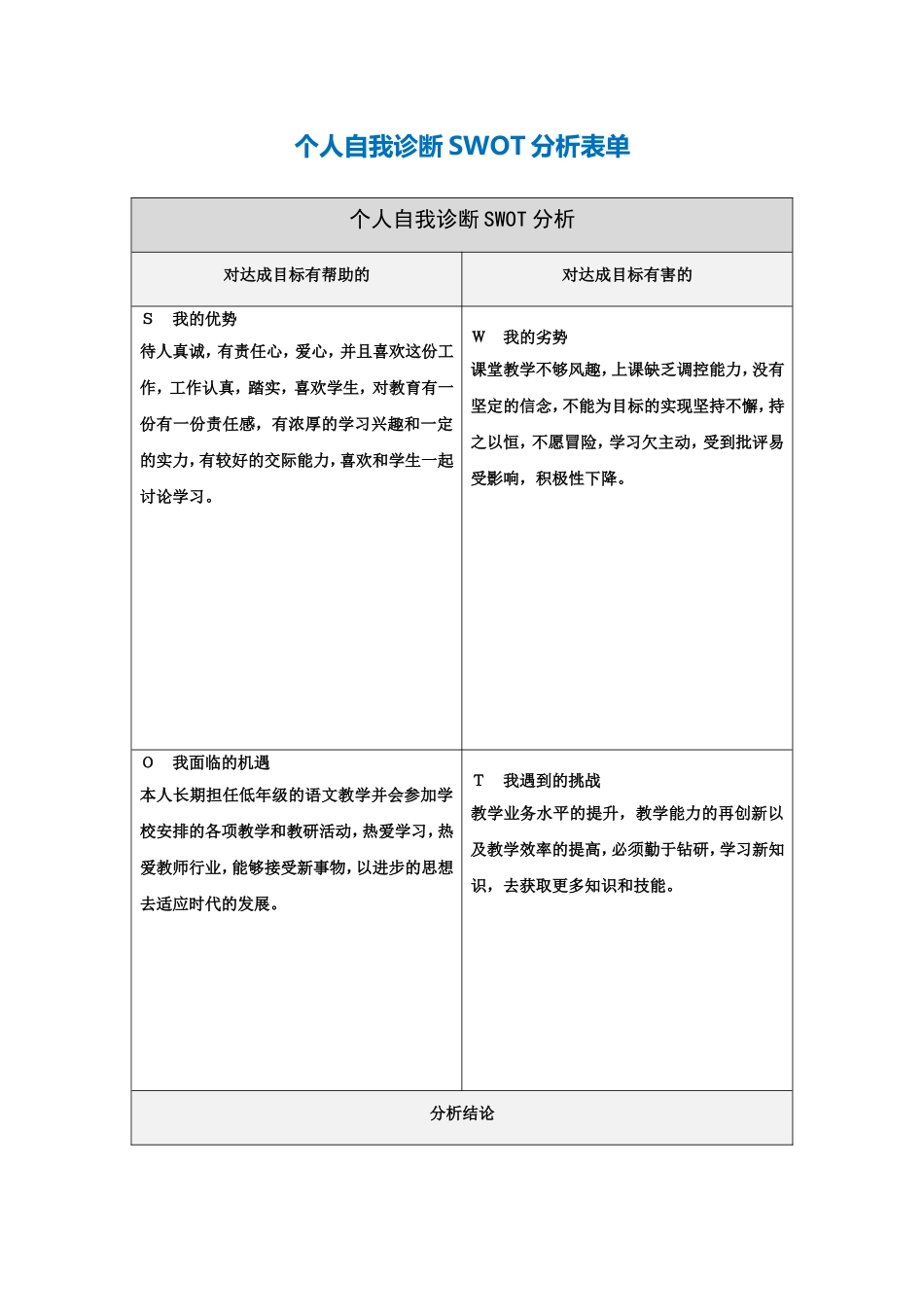个人自我诊断SWOT分析表_第1页