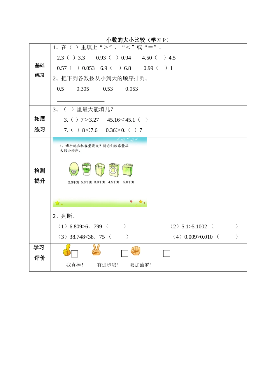 人教2011版小学数学四年级小数的大小比较学习卡_第1页