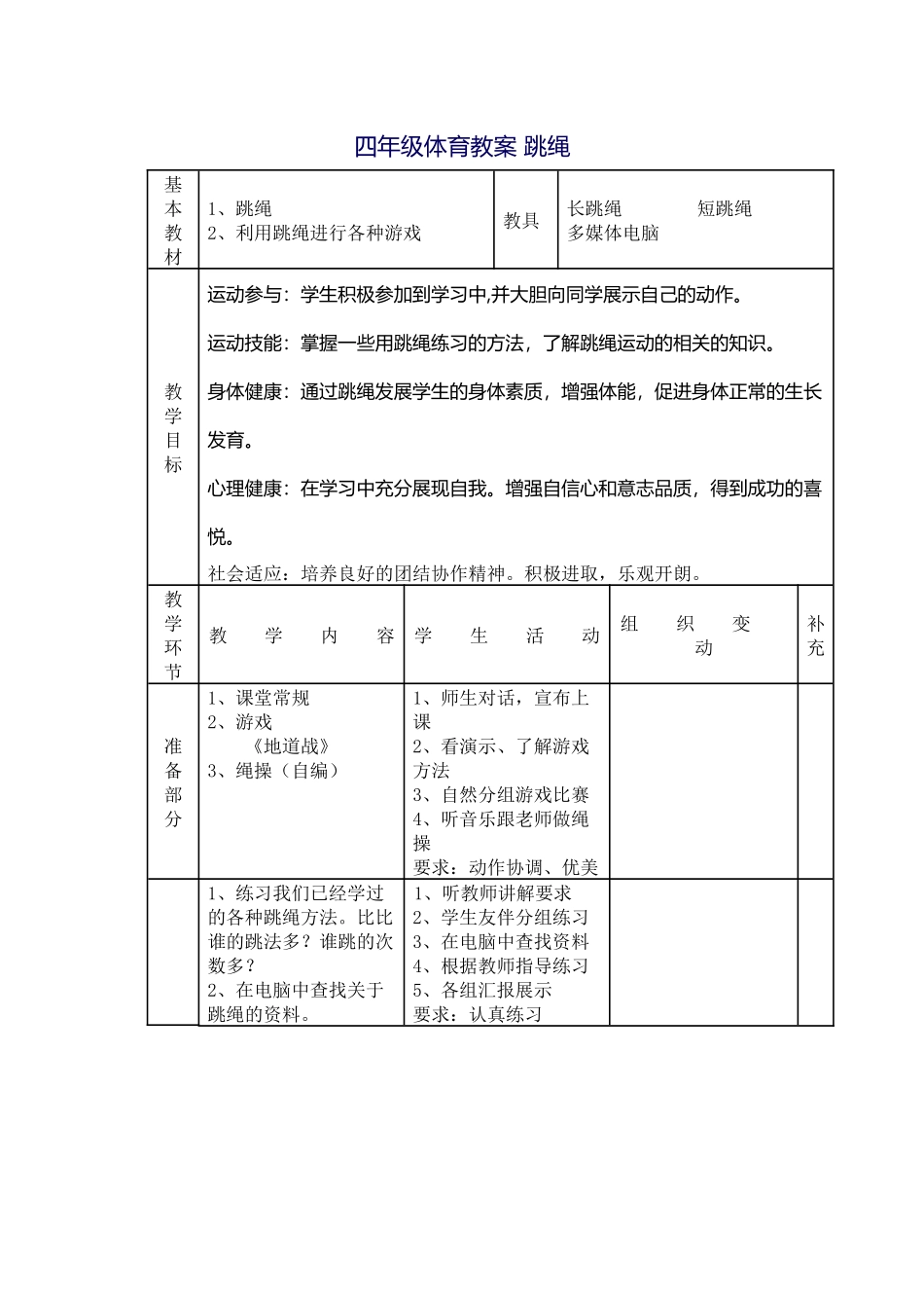 四年级体育教案-跳绳_第1页