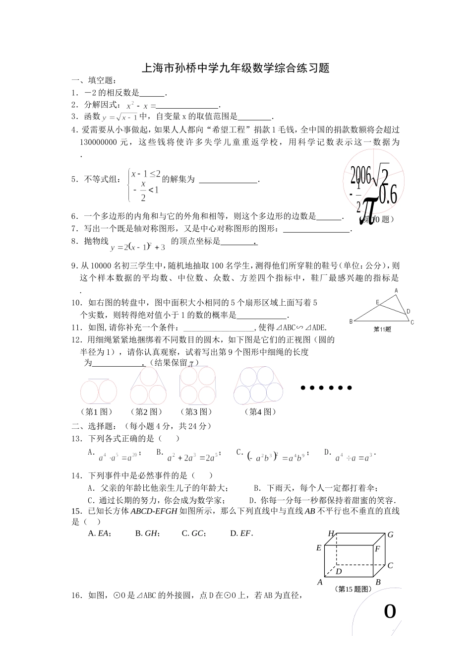 上海市孙桥中学数学综合卷_第1页