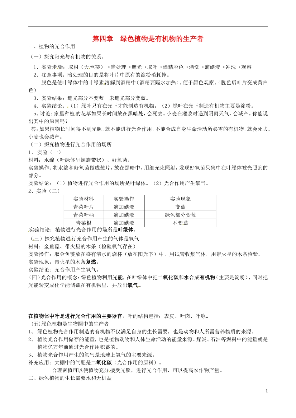 江苏省徐州市七年级生物《第四章-绿色植物是有机物的生产者》知识点-新人教版_第1页