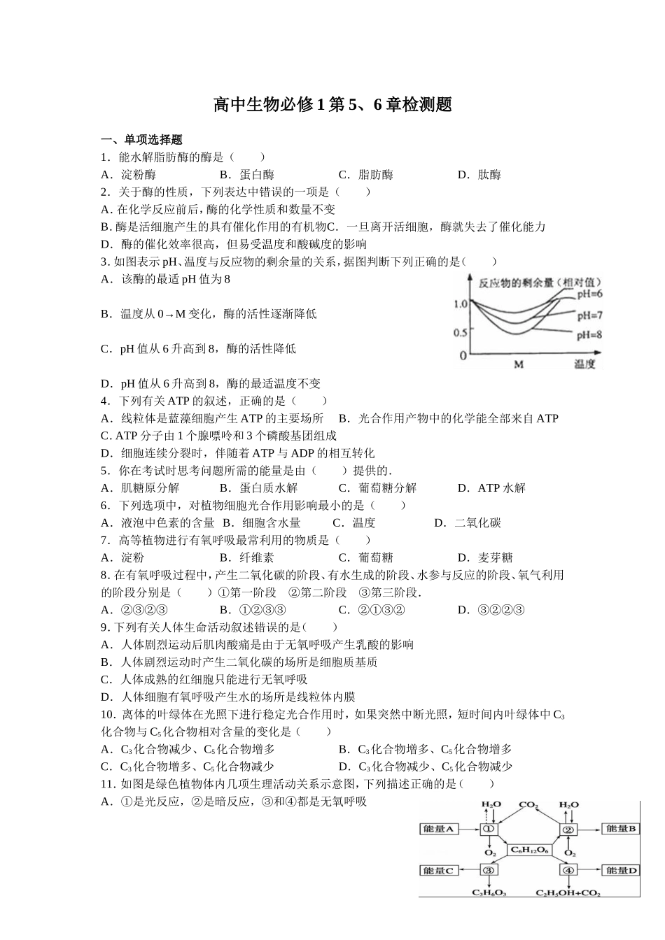 高中生物必修1第5、6章检测题_第1页