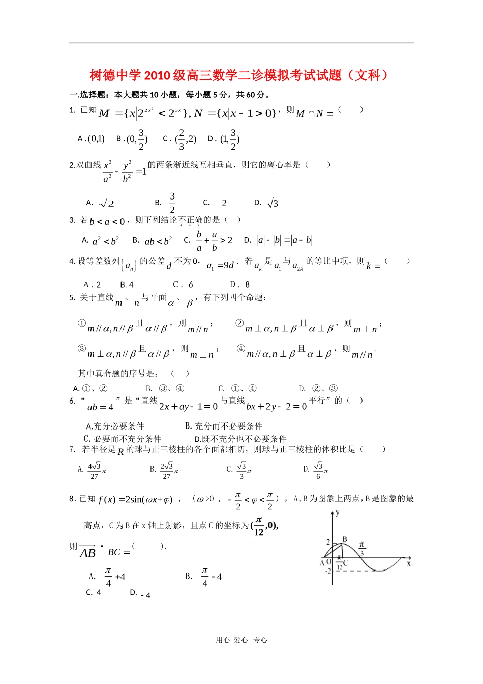 四川省树德中学2010届高三数学二诊模拟测试(文)人教版_第1页
