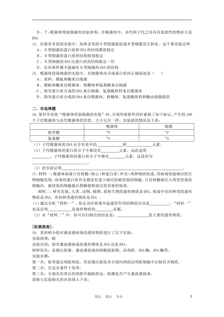 高中生物《遗传物质的发现》同步练习1-中图版必修2_第2页