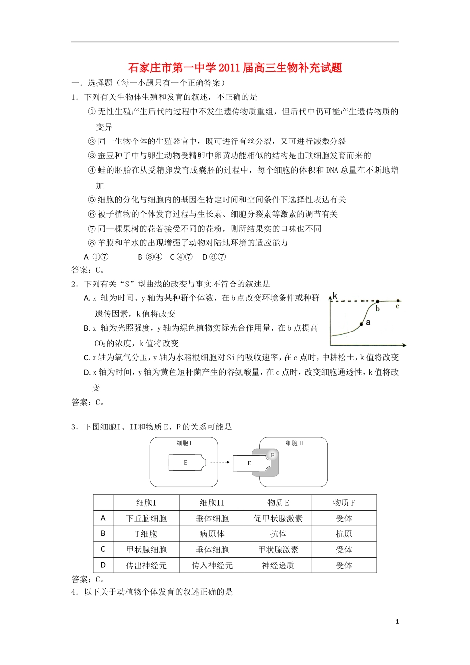 河北省石家庄市第一中学2011届高三生物补充试题新人教版_第1页