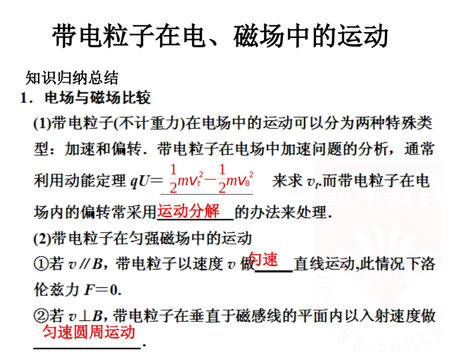 2012届高考物理二轮专题复习-带电粒子在电、磁场中的运动课件_第1页