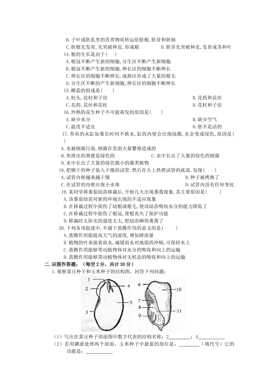 人教版七年级上期生物期末试卷及答案_第2页