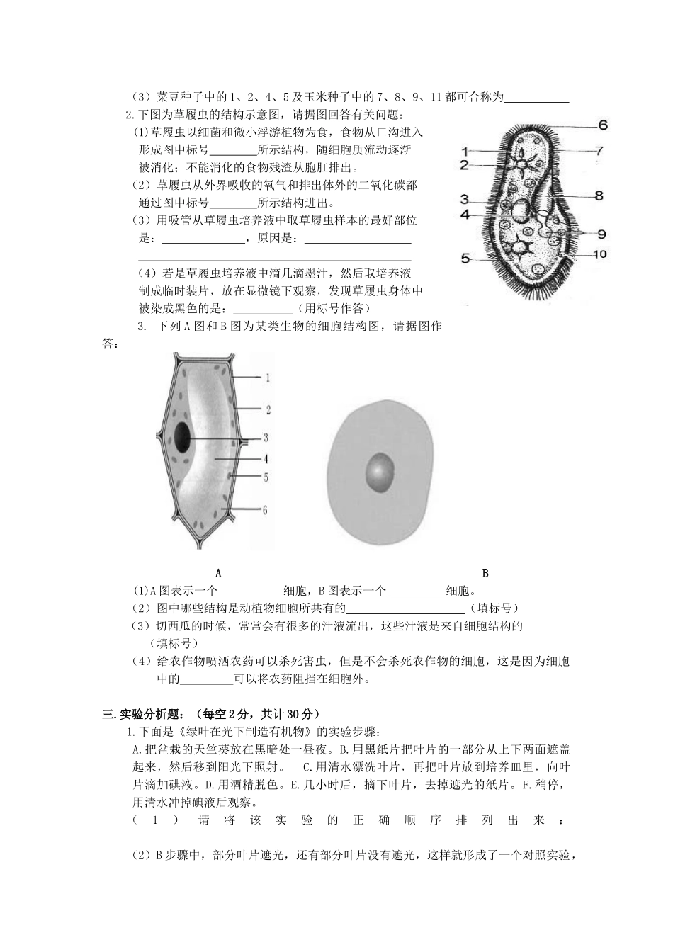 人教版七年级上期生物期末试卷及答案_第3页