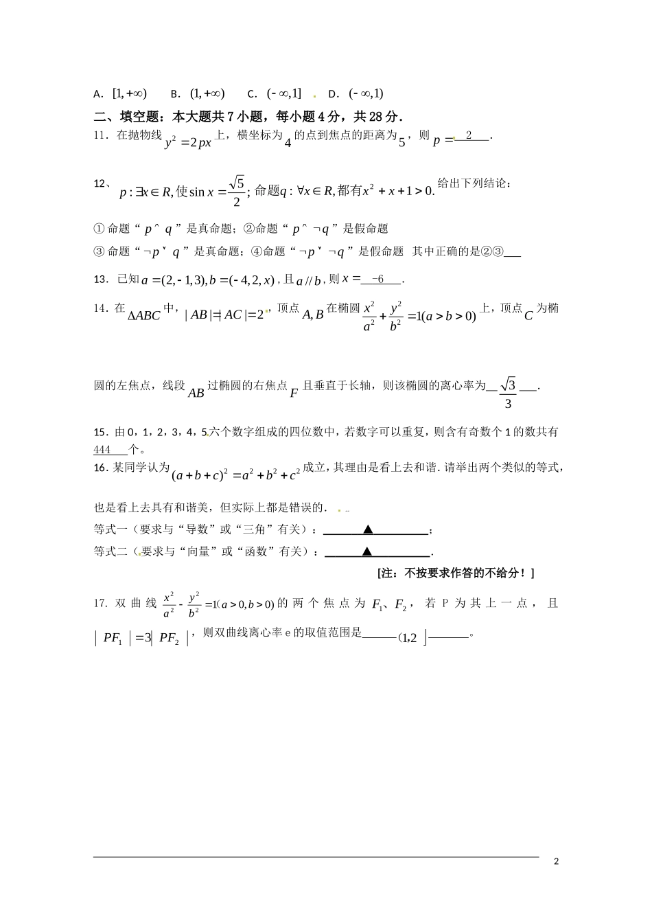 浙江省江山市实验中学09-10学年高二数学5月月考-理_第2页