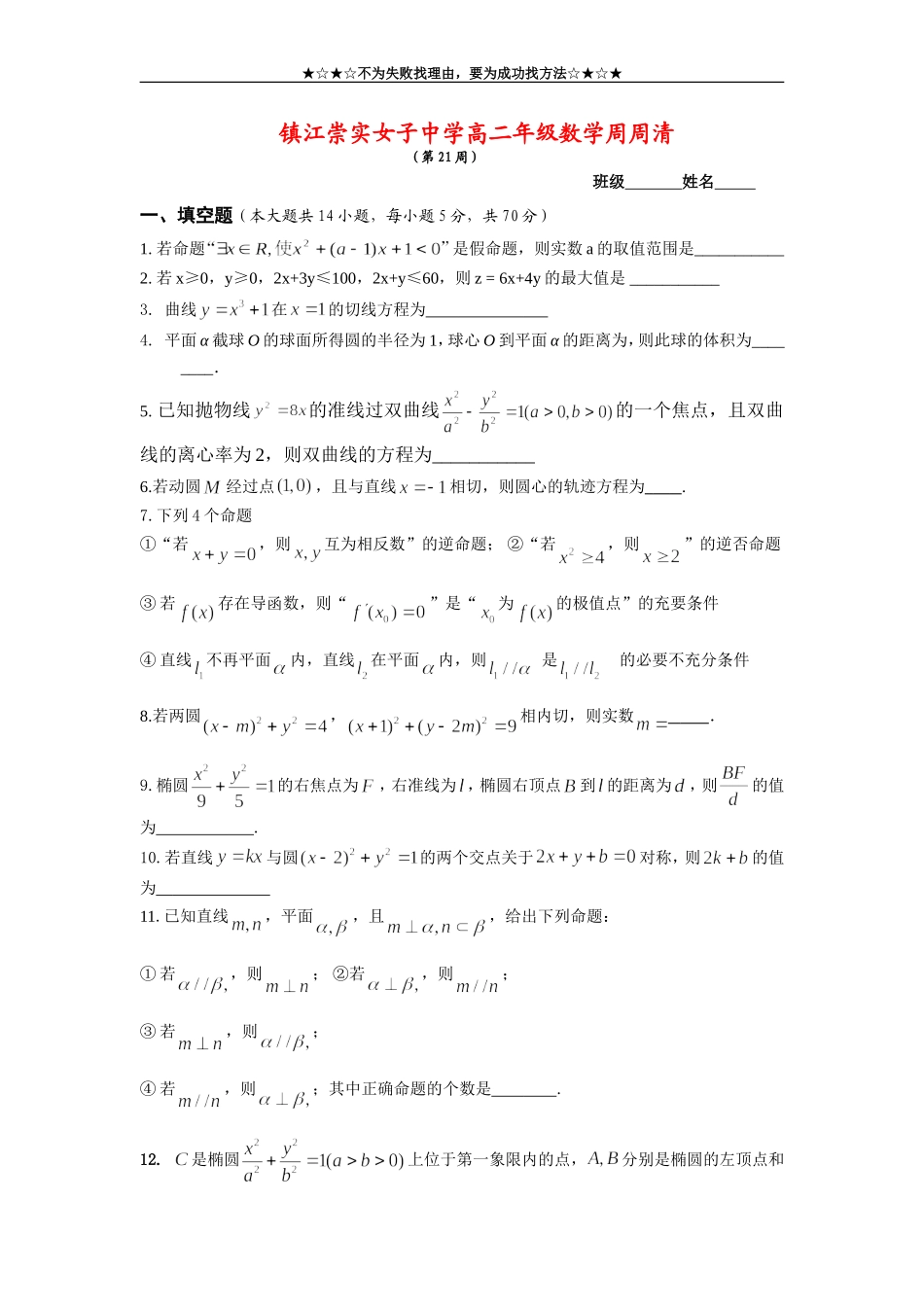 女子中学高二年级数学周周清(第21周js)_第1页