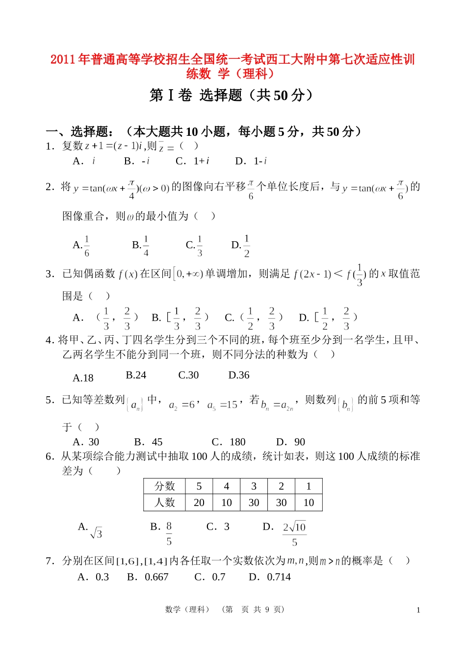 陕西师大附中、西工大附中2011年高三数学第七次联考适应性训练-理_第1页