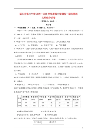 广东省湛江二中09-10学年高一文综下学期期末考试