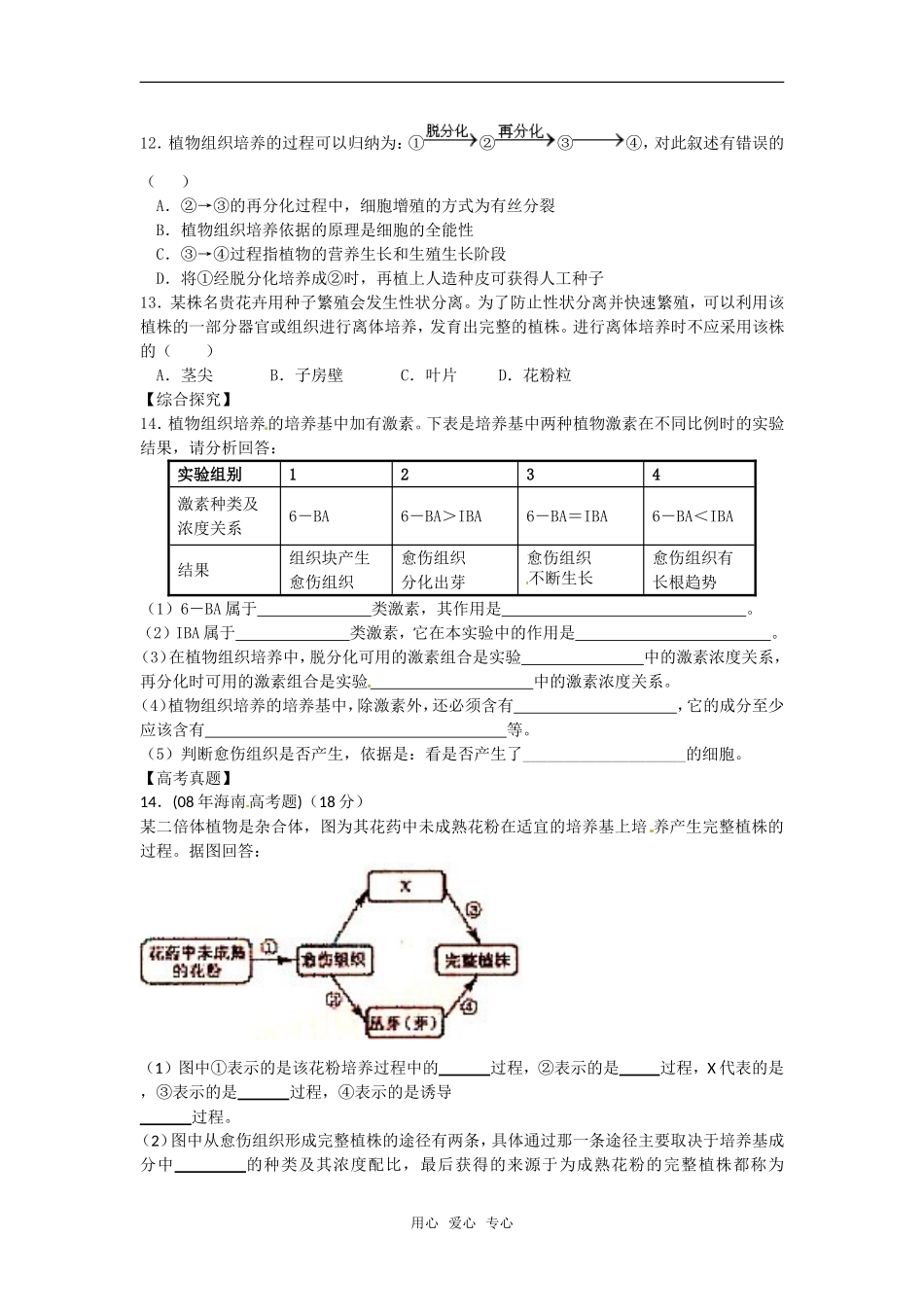 高中生物：-411-植物的组织培养(单元测试题)浙科版选修1_第2页