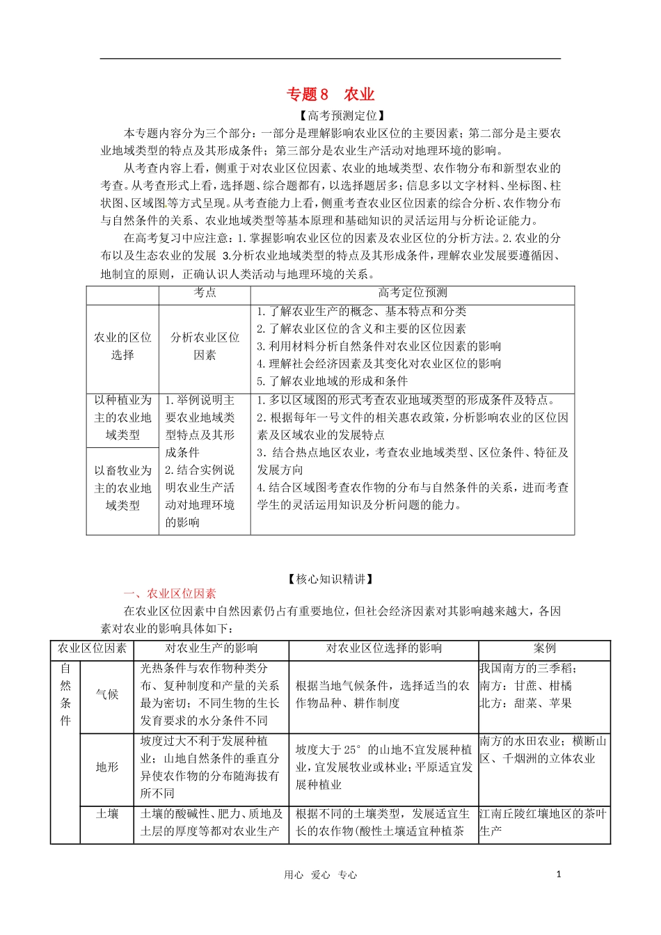 2012高三地理复习(真题+模拟)专题8-农业(学生版)_第1页