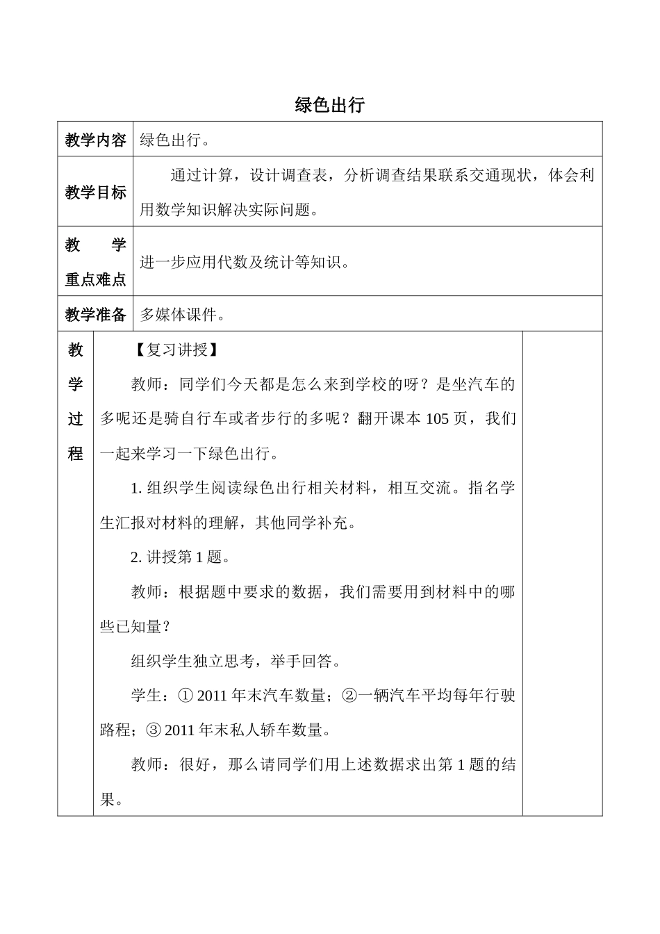 六年级下册6-10综合与实践-绿色出行教案_第1页