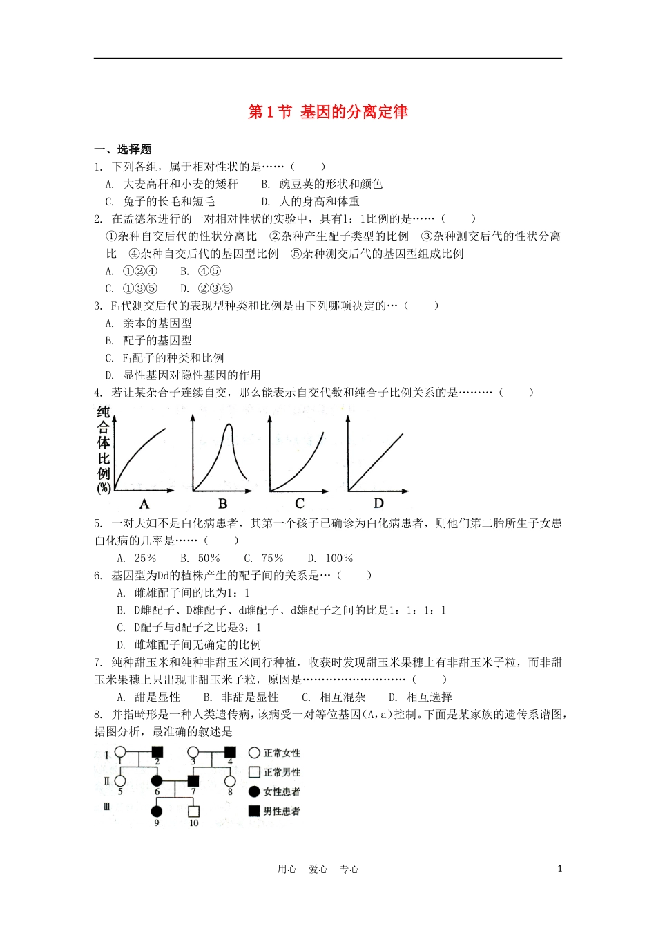 高中生物《基因的分离定律》同步练习2-苏教版必修2_第1页