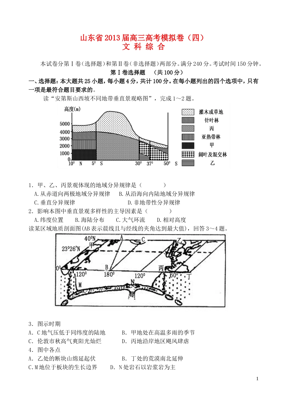 山东省2013届高三文综模拟试题(四)_第1页