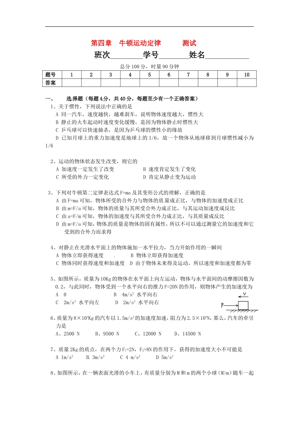 高中物理：第4章《牛顿运动定律》测试1(新人教版必修1)_第1页