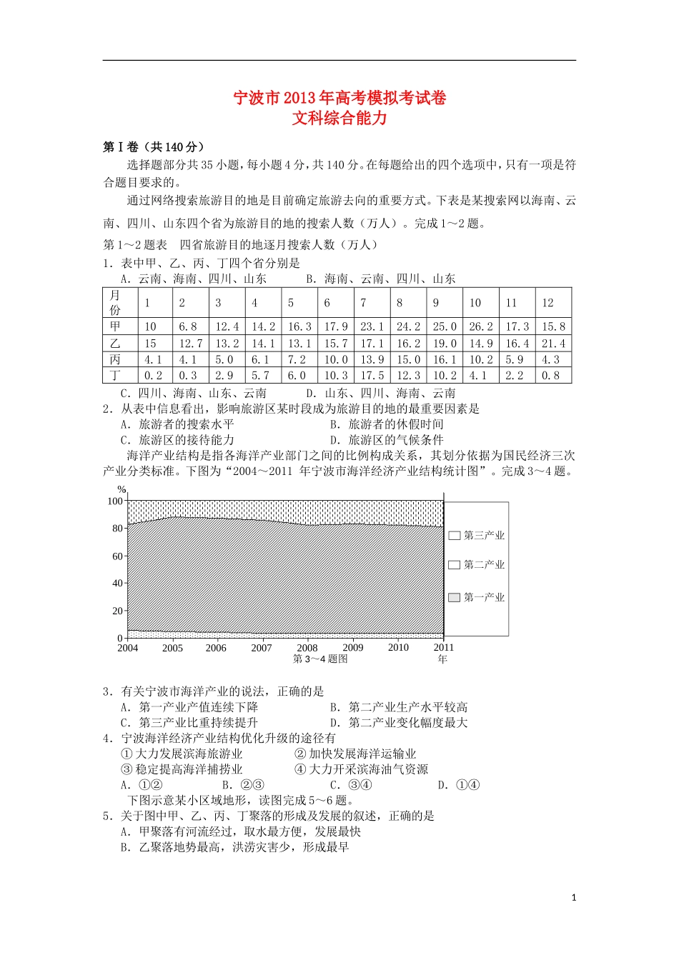 浙江省宁波市2013届高三文综第二次模拟试题(宁波二模)_第1页