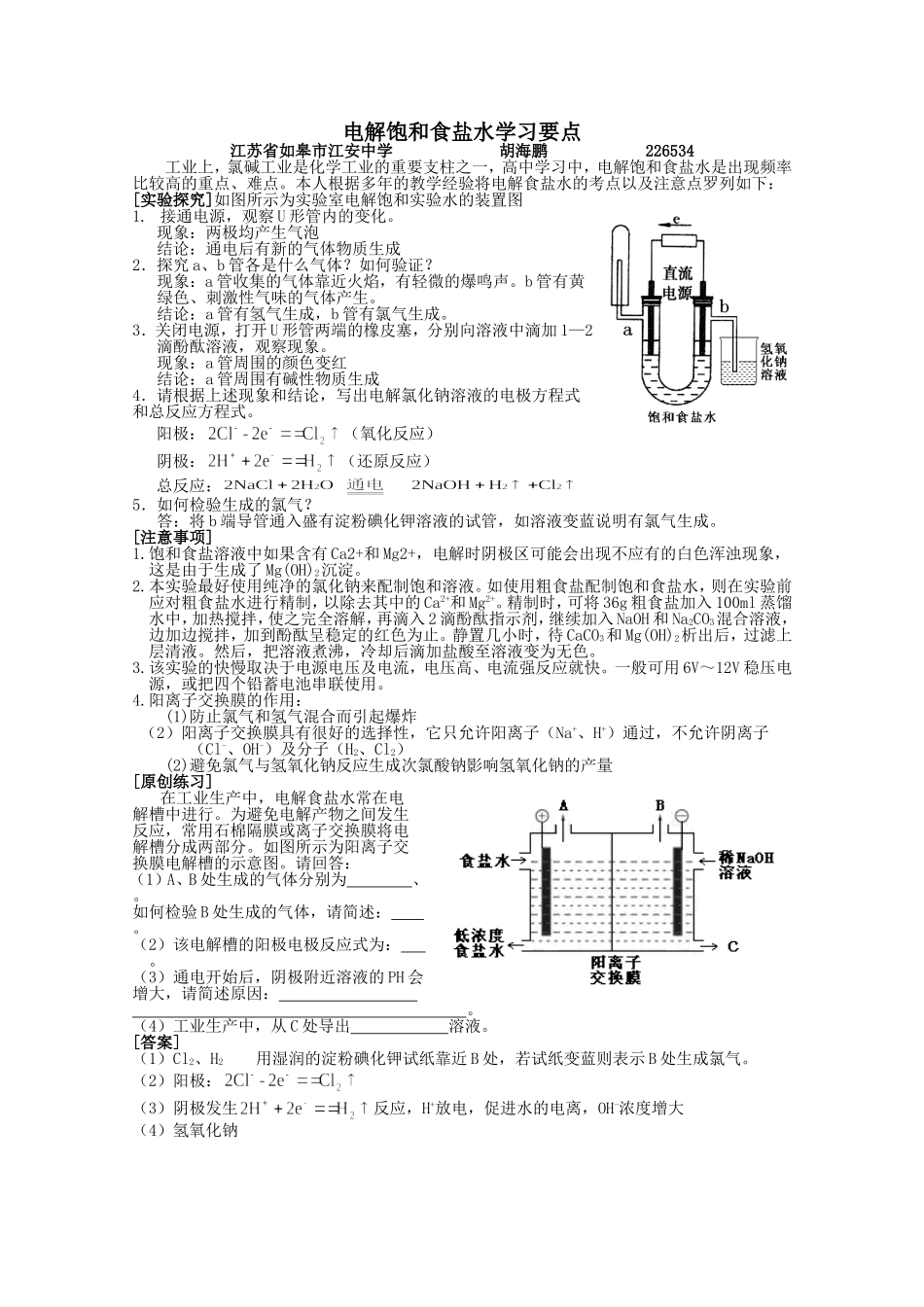 电解饱和食盐水学习要点_第1页