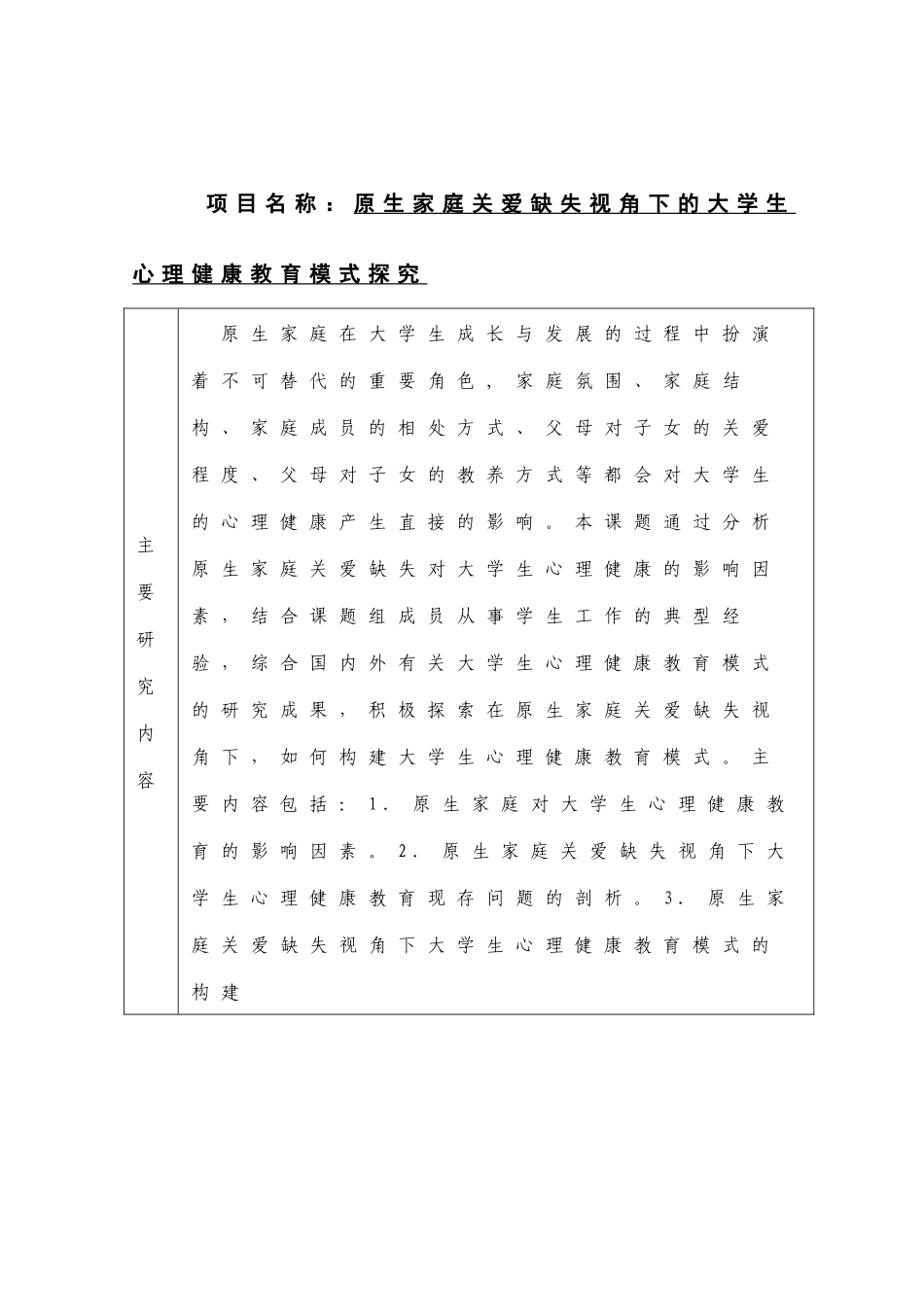 原生家庭关爱缺失视角下的大学生心理健康教育模式探究  应用心理学专业_第1页