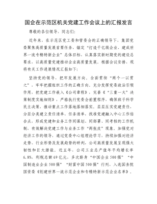 国企在示范区机关党建工作会议上的汇报发言