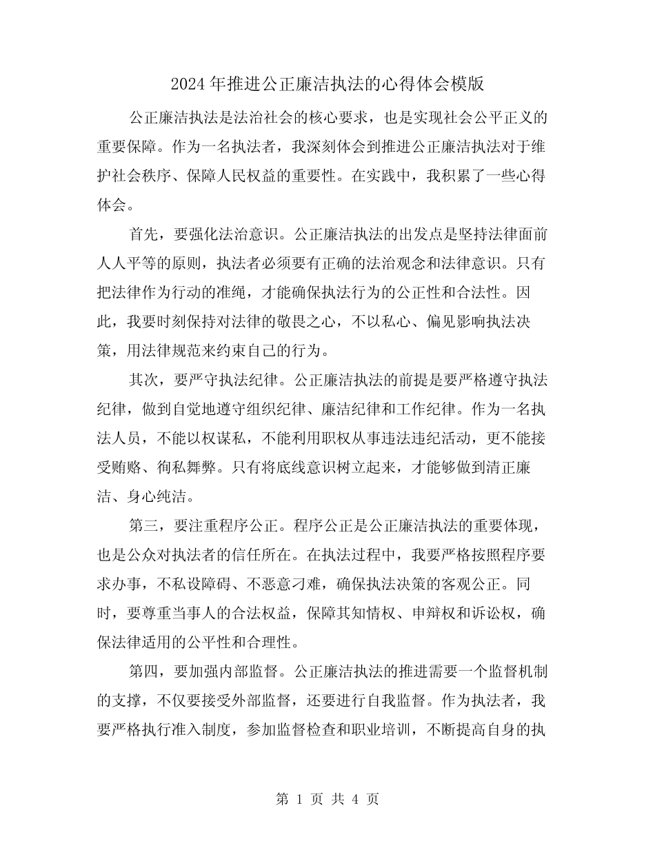 2024年推进公正廉洁执法的心得体会模版(2) _第1页