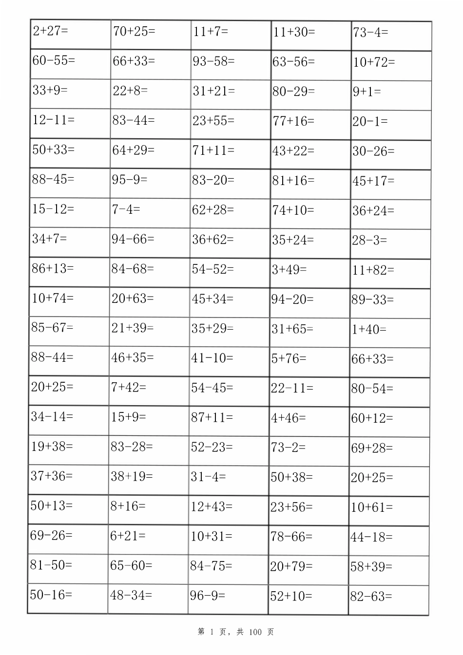 100以内加减法练习题-表格打印版(10000道)_第1页