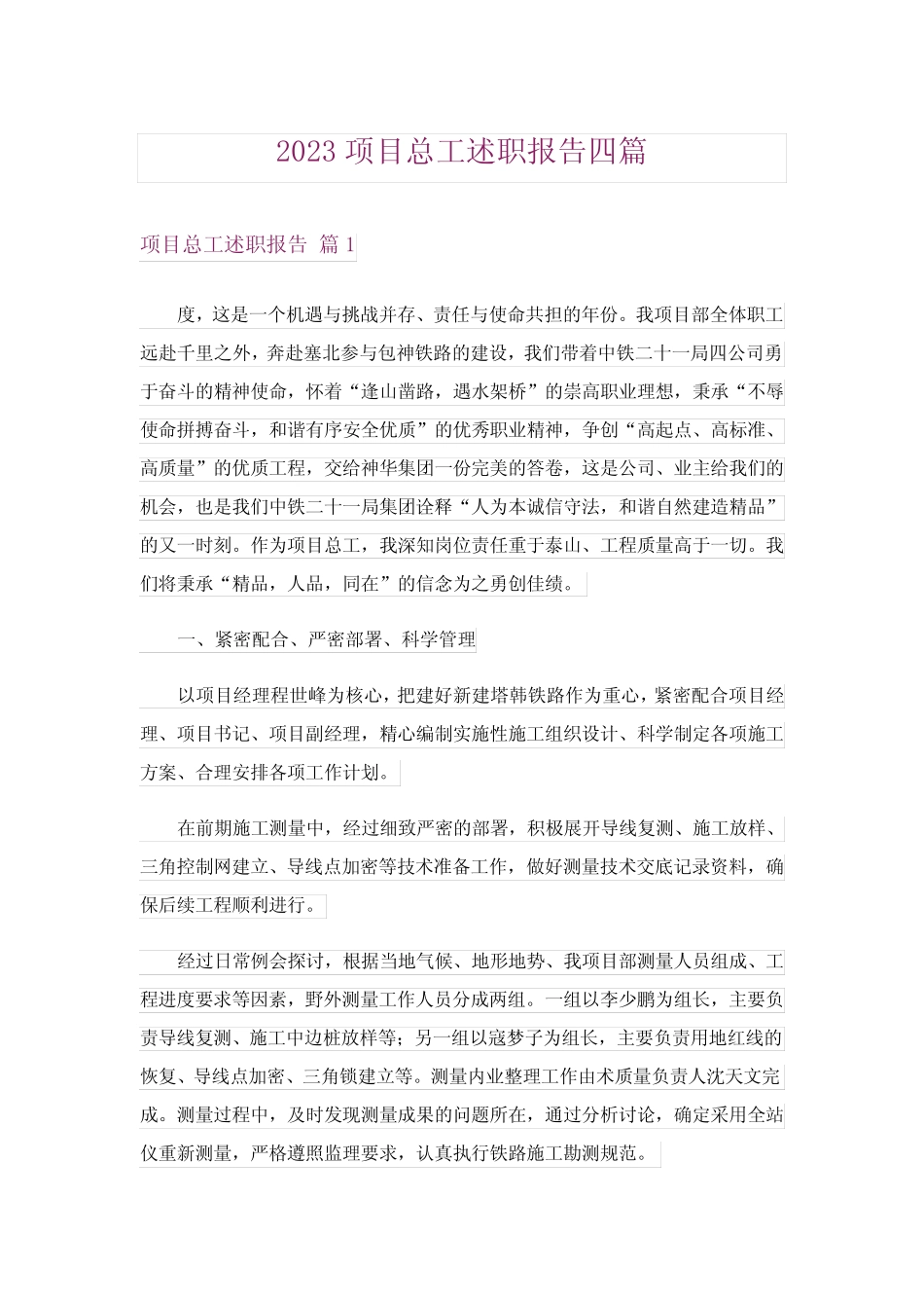 2023项目总工述职报告四篇_第1页