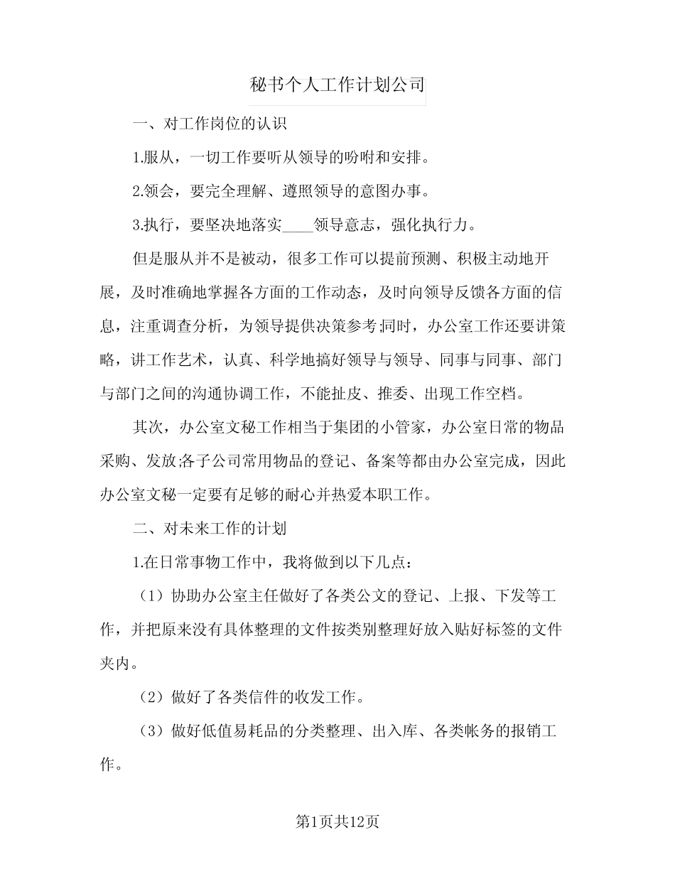 2024年秘书个人工作计划公司(三)_第1页