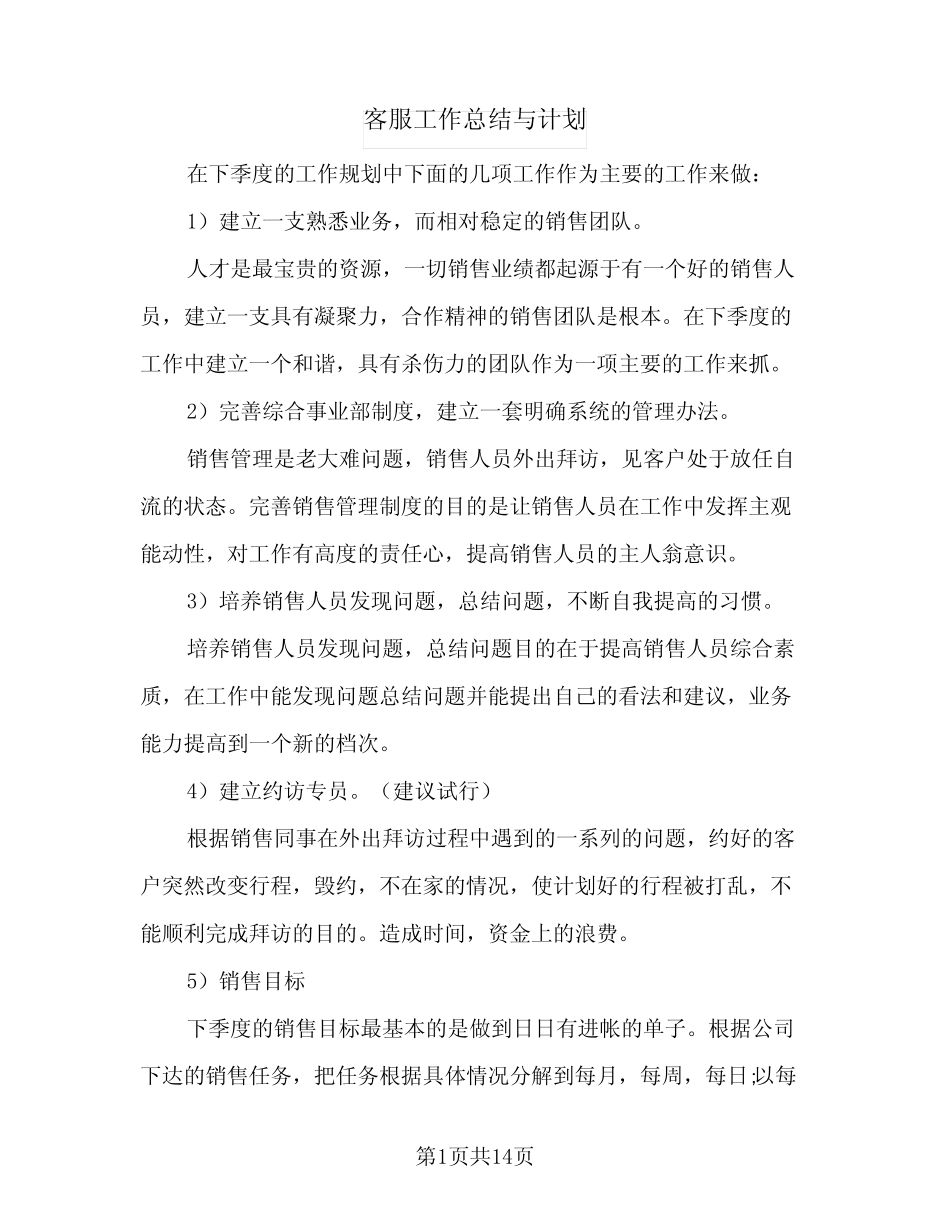 2024年客服工作总结与计划(5) _第1页