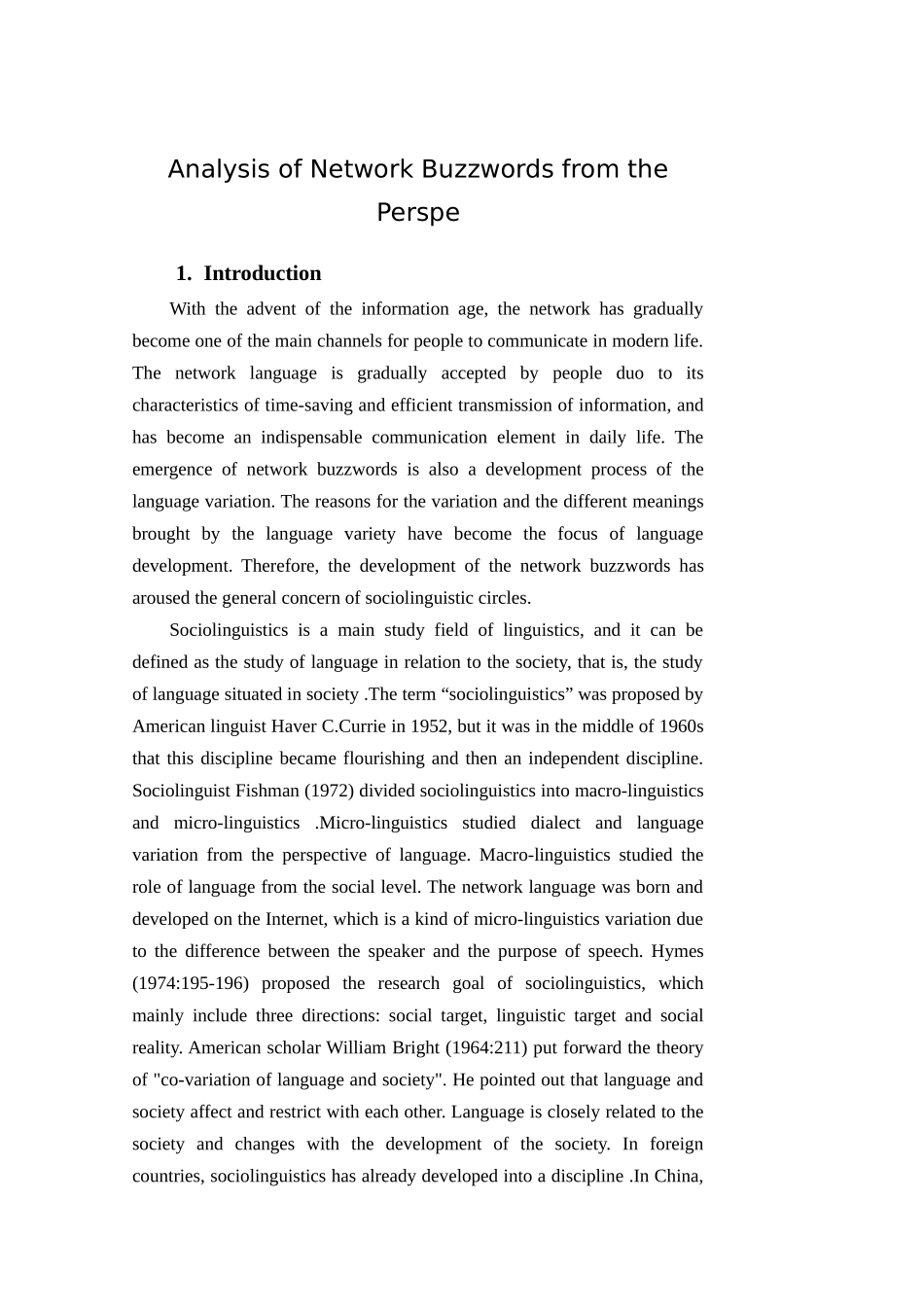 英语论文AnalysisoftheNetworkBuzzwordsfromthePerspectiveofSociolinguistics_第1页